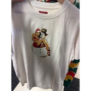 Guess Long Sleeve Graphic Tee Snowman Pinup Christmas Holiday White L